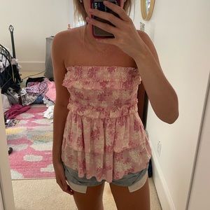 Impeccable Pig Pink and White Floral Mini Skirt/Strapless Top